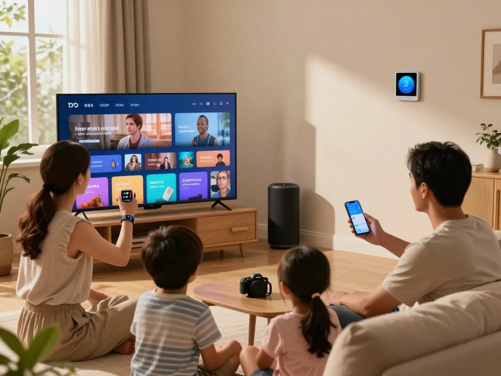 Engaged family using smart tech gadgets in a cozy living room, highlighting innovative home technology.