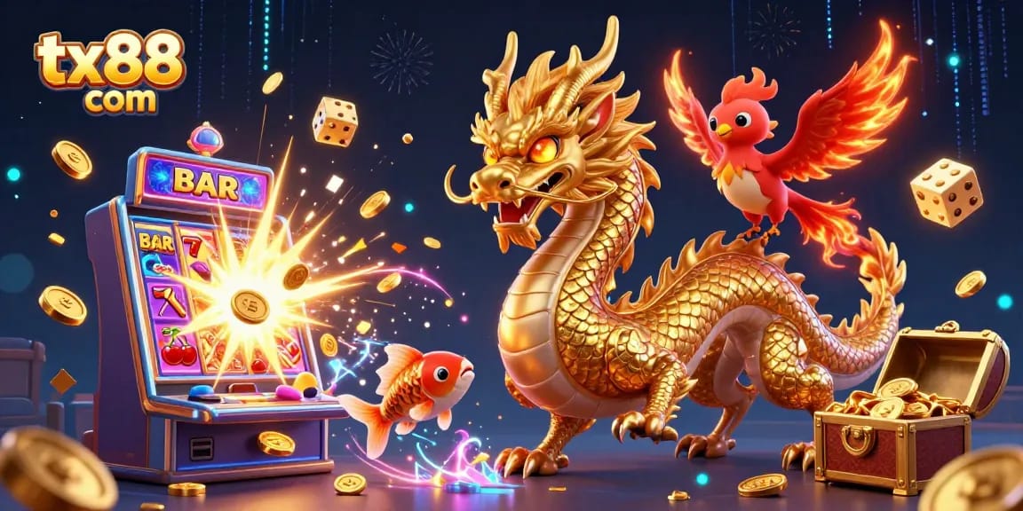 Engage with the dynamic gaming world of tx88 com, featuring a golden dragon, vibrant symbols, and exciting jackpots!