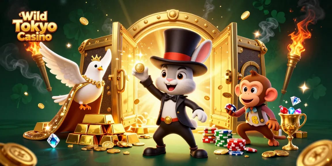 Attraversa il Wild Tokyo Casino e scopri il magico spettacolo di un coniglio mago che estrae monete d'oro.