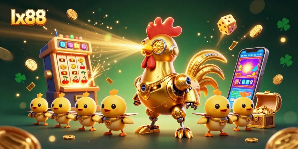 Experience the excitement of lx88 as a golden rooster robot leads game elements in a vibrant casino scene.
