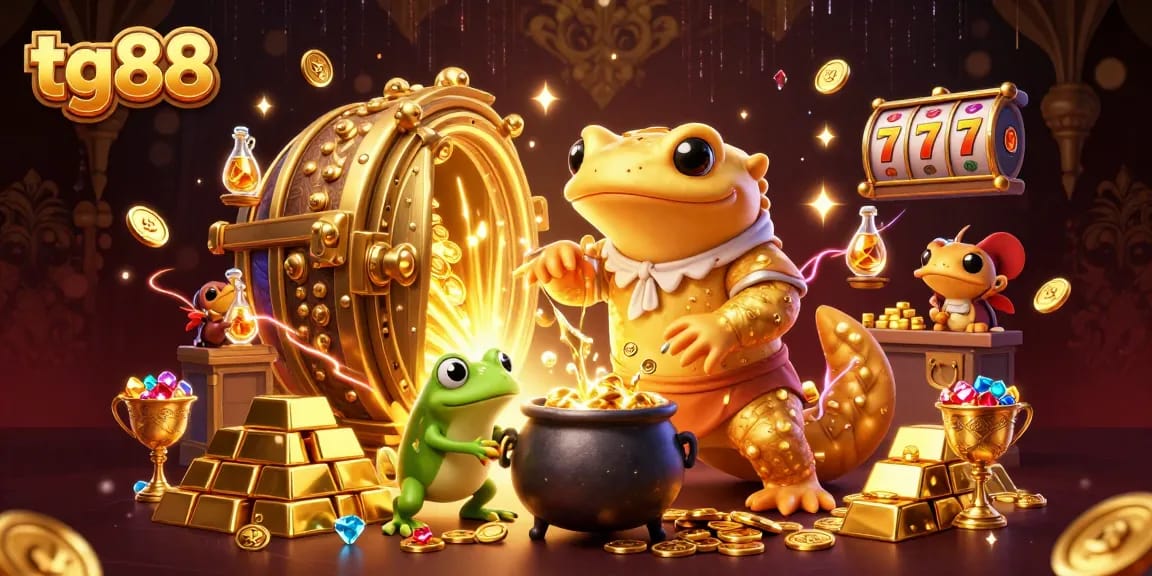 Engage in exciting slots with tg88 in a vibrant casino scene with gold coins and treasures.