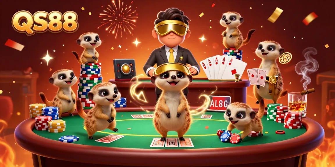 Engage in thrilling casino action at QS88 with bustling meerkat dealers and vibrant gaming atmosphere.