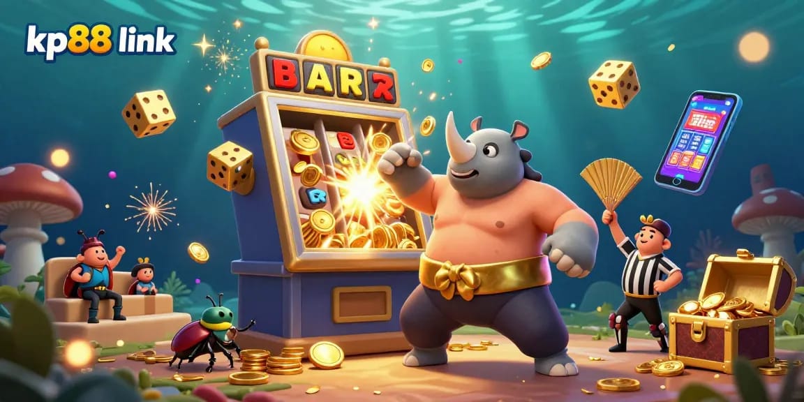 Experience the thrilling world of kp88 link with a cartoon beetle in action amidst a jackpot explosion of casino games.