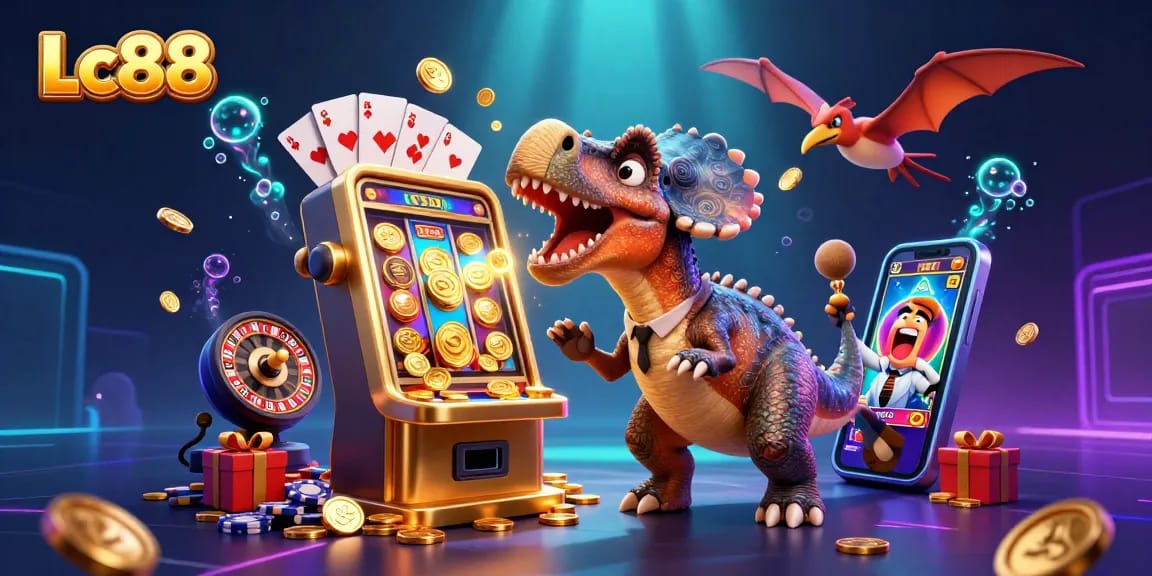 Lc88's pachycephalosaurus wins big while a casino manager and pteranodon celebrate jackpot coins.