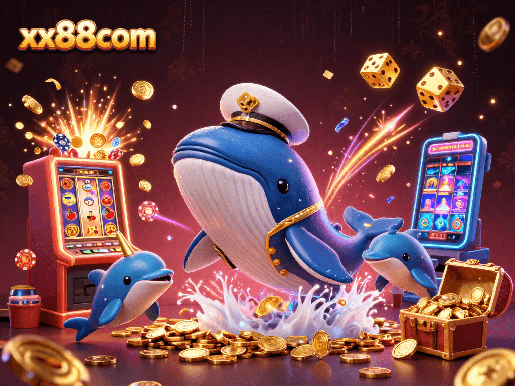 xx88com celebrates big wins with a whale in a sea of coins, playful dolphins, and gaming elements.