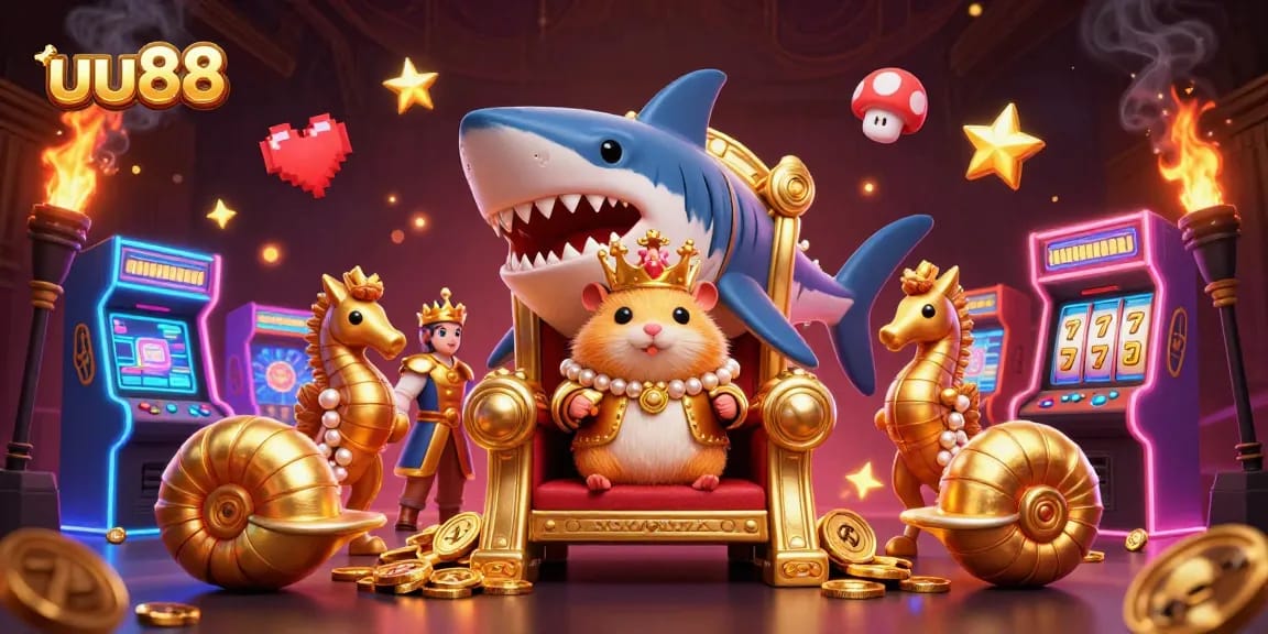 uu88 offers a kingly casino experience with golden hamster royalty amidst vibrant game elements.