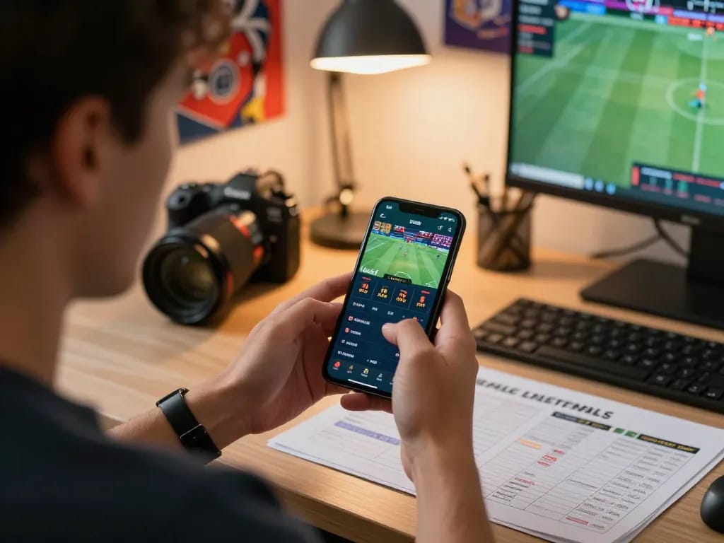 F168 sports betting on smartphone app with live odds and player strategy notes in a cozy home office.