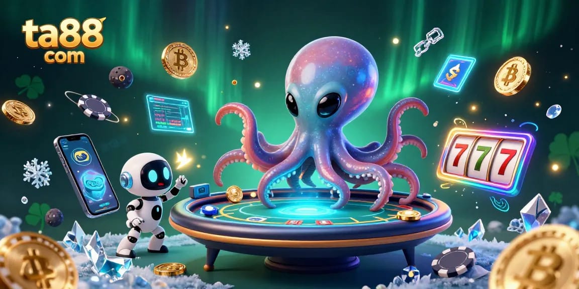 Engage with ta88 com's vibrant poker universe featuring an alien octopus and cryptocurrency elements.