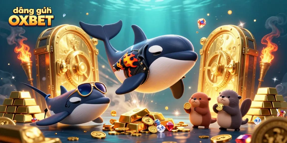 Experience excitement with đăng ký OXBET featuring an orca, stingray, and otters amidst treasure elements.