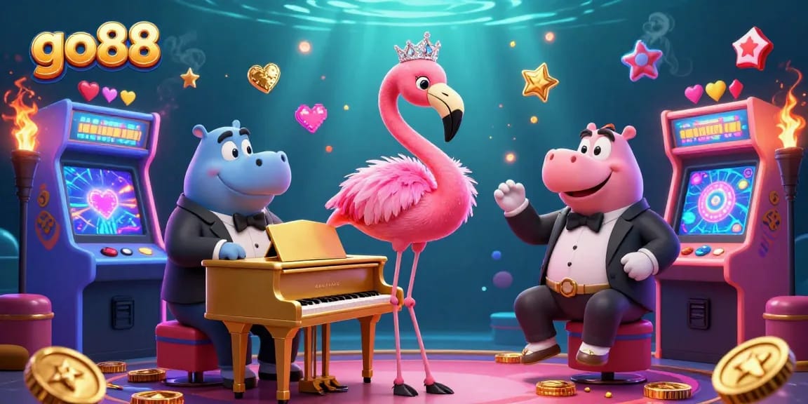 Experience the excitement of go88 with a vibrant 3D casino scene featuring a flamingo singer and hippo bassist entertaining players.