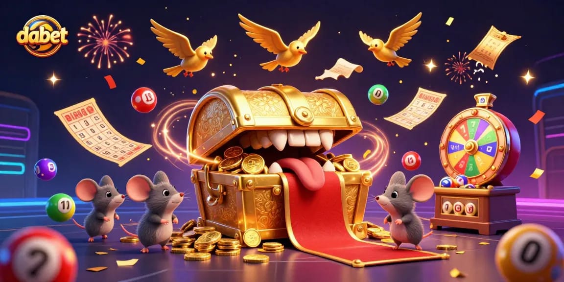 Engaging dabet players with exciting lottery balls, vibrant prizes, and treasure in a lively illustration.