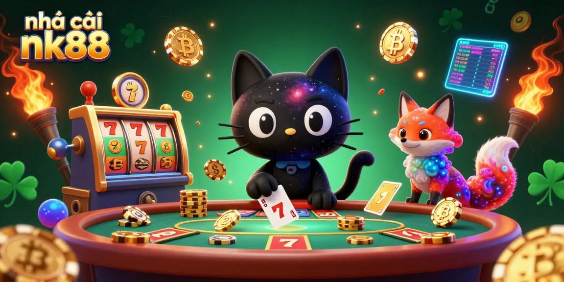 Experience thrilling gameplay at nhà cái nk88 with a vibrant cosmic casino scene featuring fun characters and gaming elements.