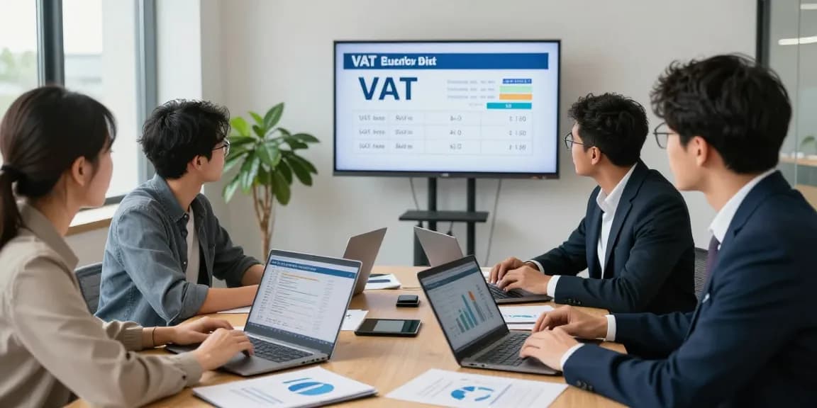 Team discussing VAT on business electricity in a bright office, laptops open and charts displayed.