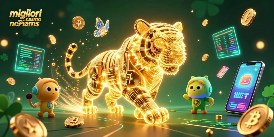 Engage with the migliori casino non aams atmosphere featuring a neon tiger and cryptocurrency motifs in a dynamic scene.