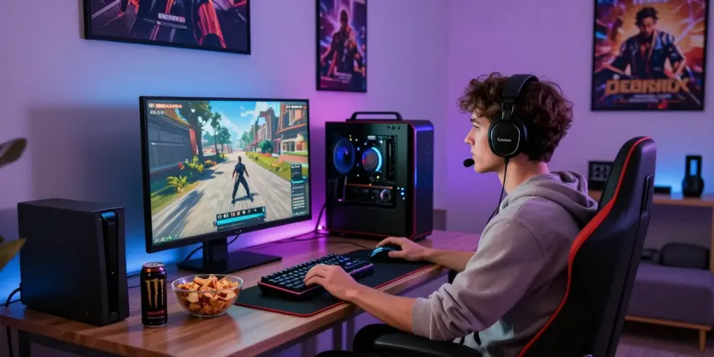 Individual immersed in competitive gaming with rokok88 accessories in a stylish living room.