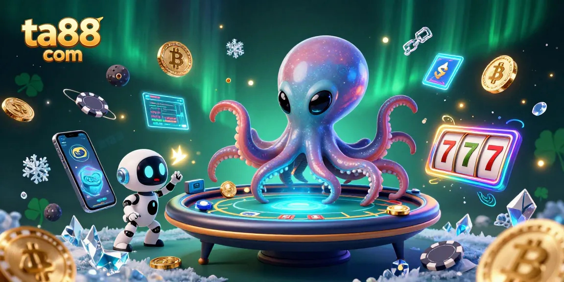 Engage with ta88 com's vibrant poker universe featuring an alien octopus and cryptocurrency elements.