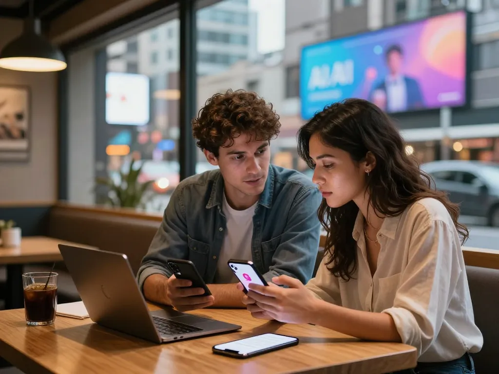Couple exploring AI sex features on dating apps in a cozy café setting.