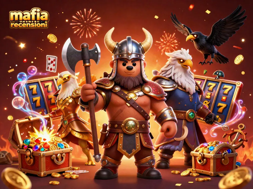 Mafia casino recensioni reveals an enchanting online gaming scene with vibrant characters, slot reels, and gold coins.