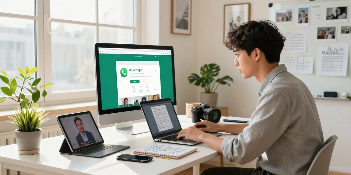 Professional using WhatsApp網頁版 in a bright home office, combining productivity tools and a cozy atmosphere.