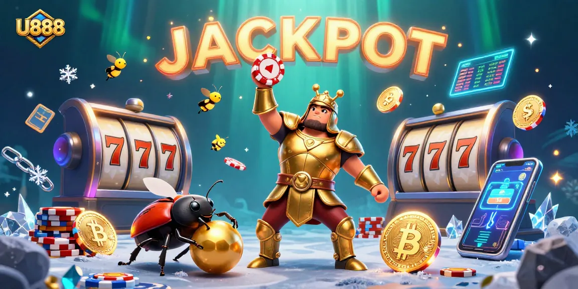 Experience the thrill of U888 with a victorious hercules beetle in gladiator armor, winning big among slot reels and crypto coins.