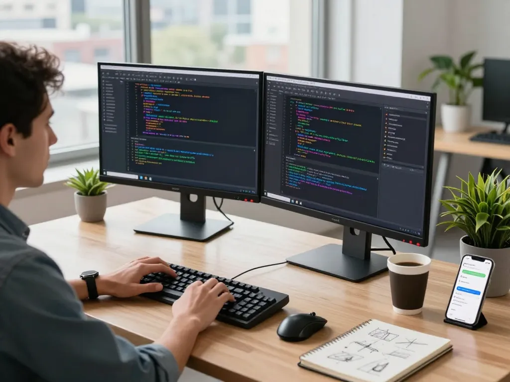 Developer using clawdbot on dual monitors in a modern tech workspace.