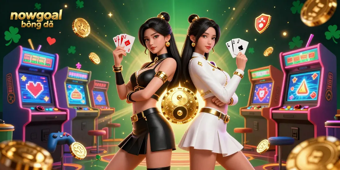 Engage with nowgoal bóng đá through a captivating scene featuring twin Asian women in stylish outfits, dynamic casino elements, and vibrant gaming aesthetics.