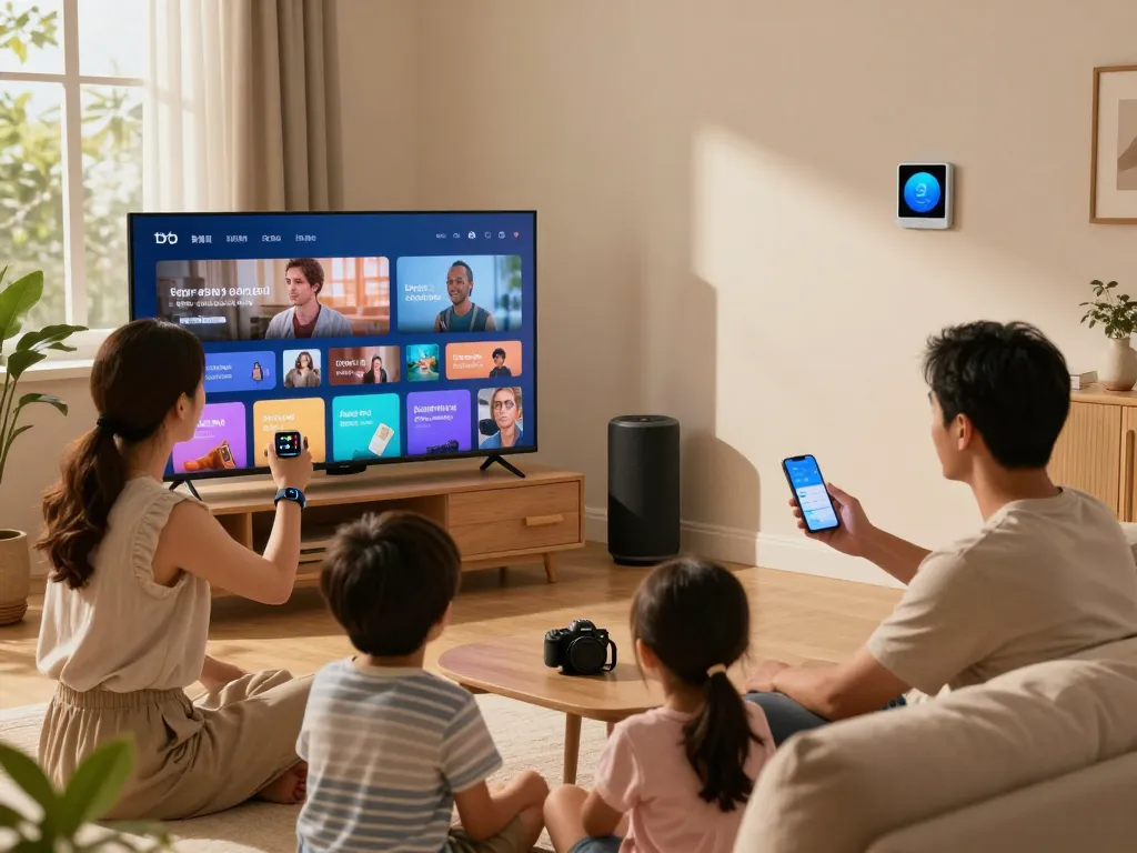 Engaged family using smart tech gadgets in a cozy living room, highlighting innovative home technology.
