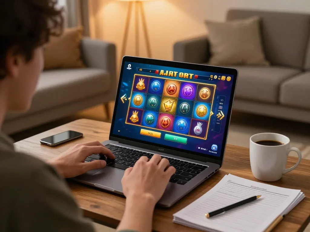 Engaging gameplay on raja slot games displayed on a laptop screen during a cozy home session