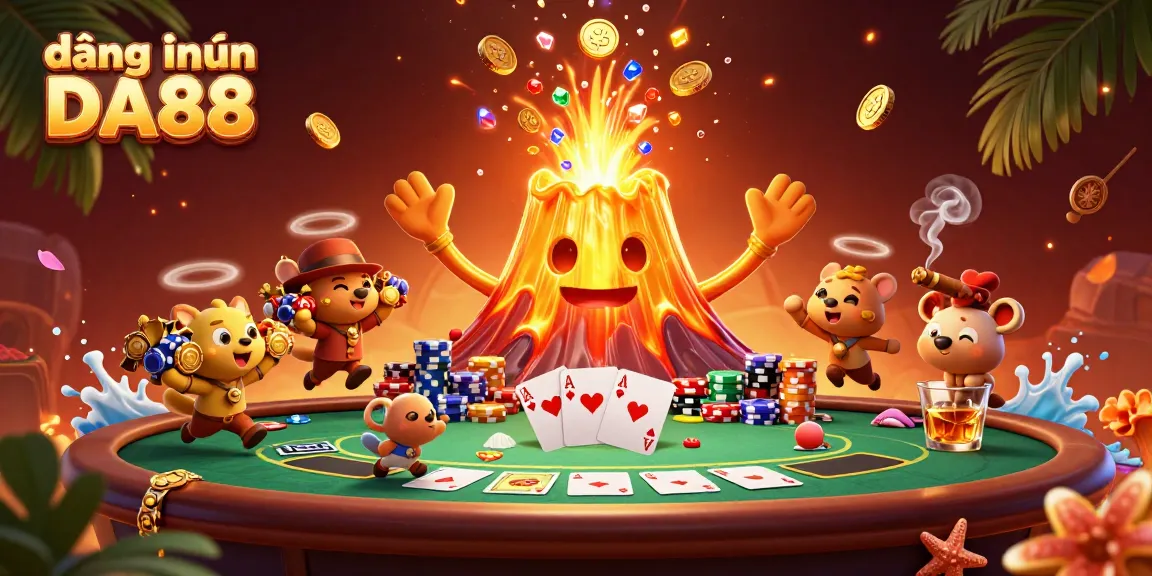 Experience exciting gaming action with đăng nhập DA88, featuring triumphant volcano and poker elements.