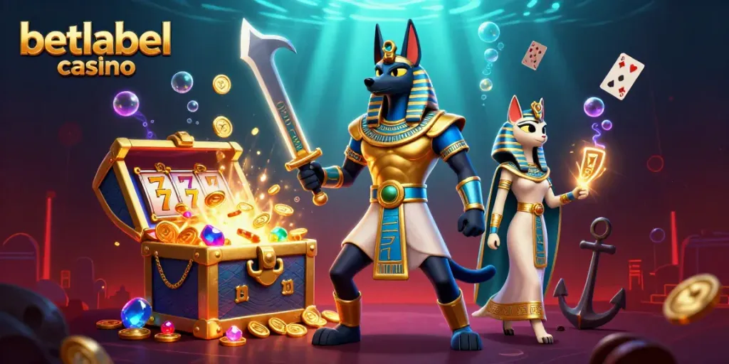 Experience the excitement at betlabel casino with Anubis and Bastet amid treasures and slot reels.