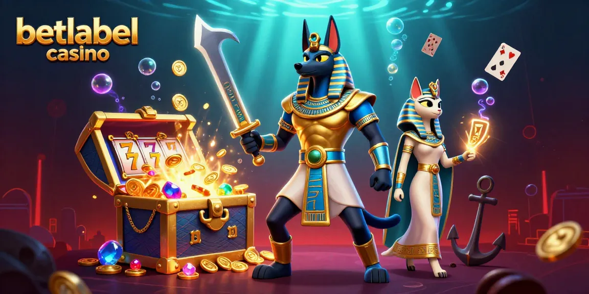 Experience the excitement at betlabel casino with Anubis and Bastet amid treasures and slot reels.