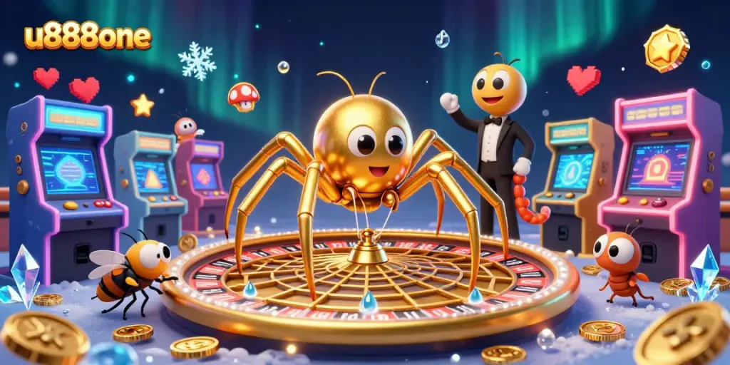 Experience thrilling bets with u888one in a vibrant casino-themed 3D scene.