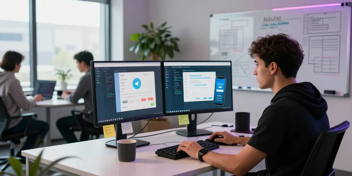 Accessing Telegram web version in a collaborative tech workspace with dual monitors and vibrant atmosphere.