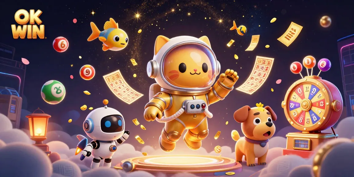 Engage with OK WIN's exciting lottery atmosphere in a dynamic and colorful 3D scene.