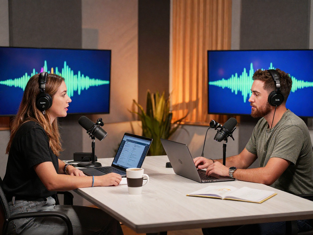 Brit Morin and host discussing innovations in rokok 88 podcast studio, inspiring atmosphere.