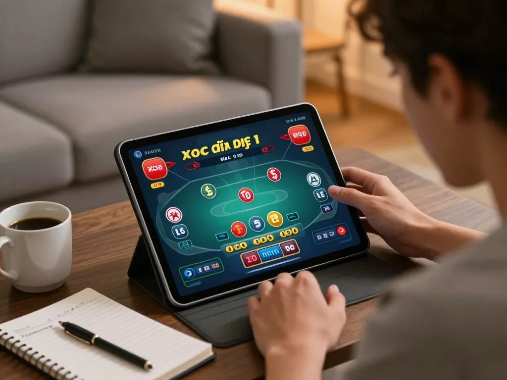 Xóc đĩa online gameplay on tablet showcasing live betting experience in a cozy home.