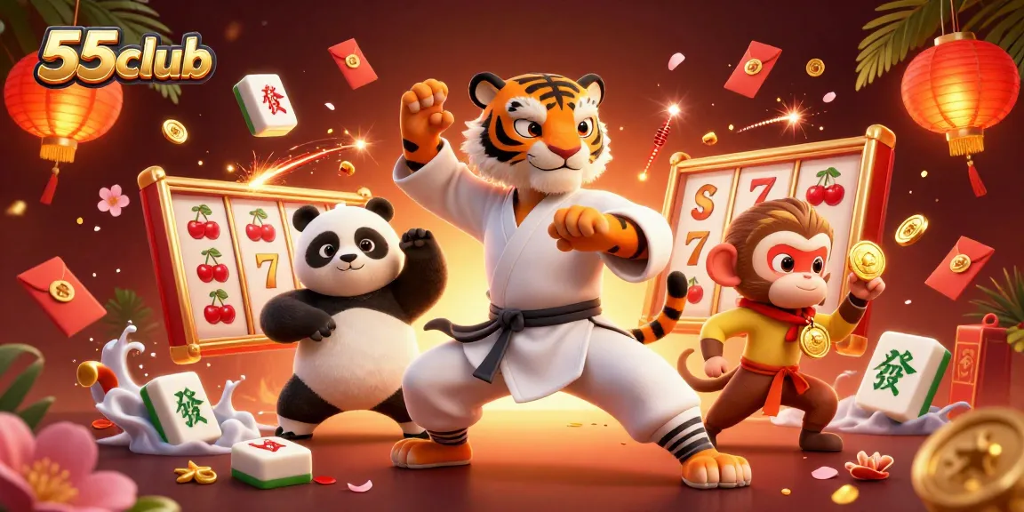 Engage with 55club's vivid gaming scene featuring animated characters and bright slot elements.