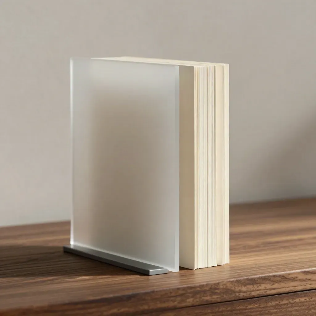 Mockup web minimale con pannelli acrilici, card piegate e base lampada su legno caldo.