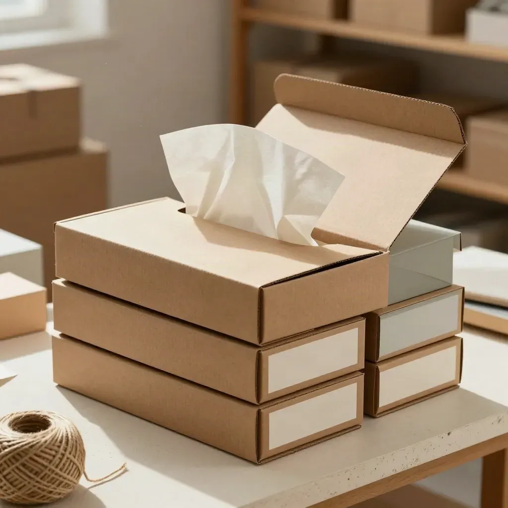 Kit di lancio con scatole kraft, carta velina e spago su banco chiaro, luce calda laterale.