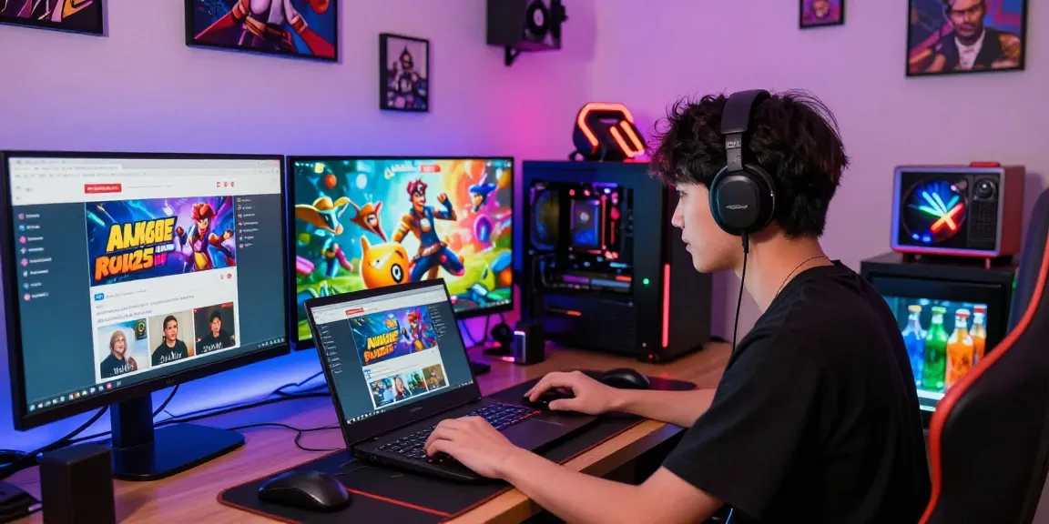 Engaged user exploring rokok88 blog while gaming in a vibrant home office setup filled with colorful graphics.