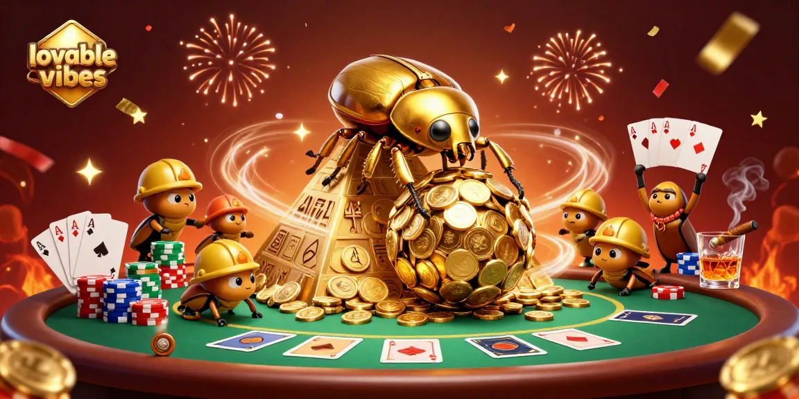 Engage with lovablevibes at an extravagant casino scene featuring golden beetles and poker tables