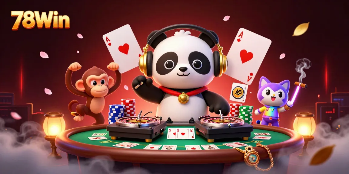 Experience thrill with 78Win as a DJ panda spins and players engage in vibrant casino action.