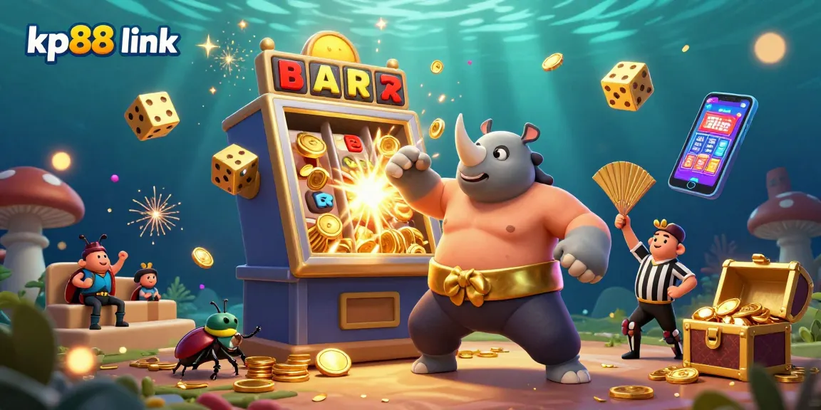 Experience the thrilling world of kp88 link with a cartoon beetle in action amidst a jackpot explosion of casino games.