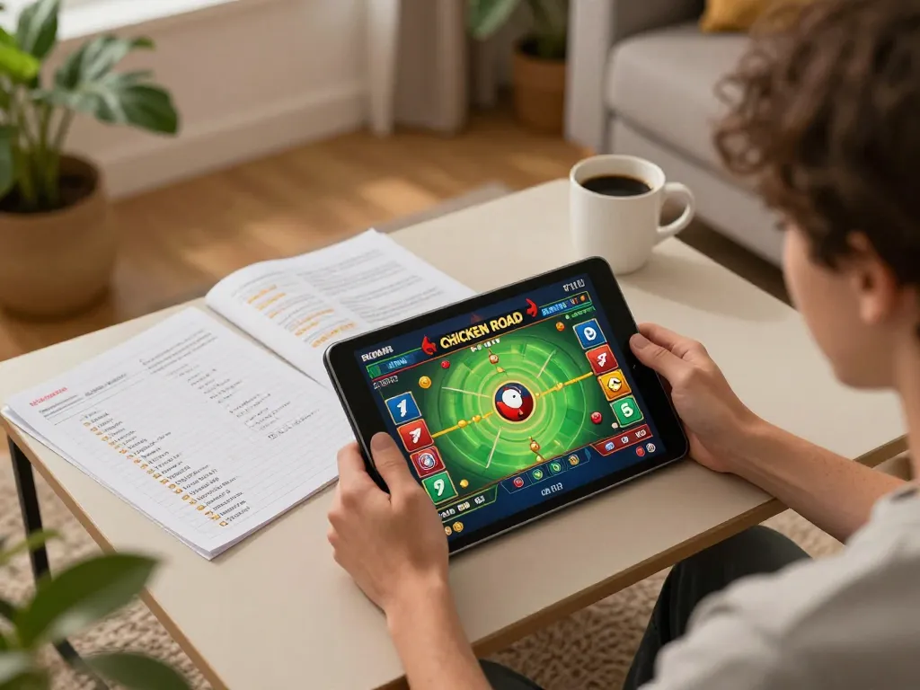 Godendo delle recensioni di Chicken Road mentre si partecipa a un gioco online strategico in un accogliente soggiorno.