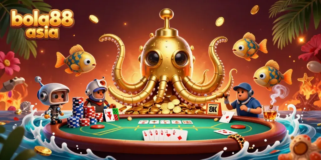 Engage with the vibrant scene featuring bola88 asia, showcasing an exciting underwater casino adventure full of poker tables and golden treasures.