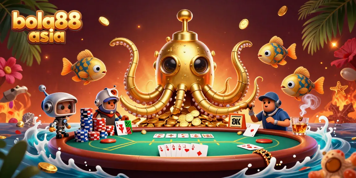 Engage with the vibrant scene featuring bola88 asia, showcasing an exciting underwater casino adventure full of poker tables and golden treasures.
