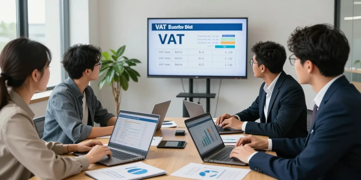 Team discussing VAT on business electricity in a bright office, laptops open and charts displayed.