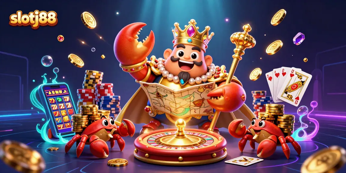 Experience thrilling gameplay with slotj88 in this ultra-detailed illustration featuring a golden crab emperor and treasures.