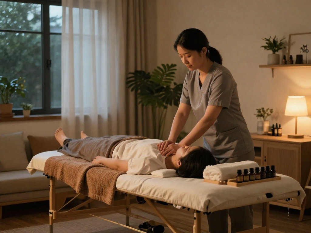 부천출장마사지 therapy setup in a cozy home environment, professional massage service