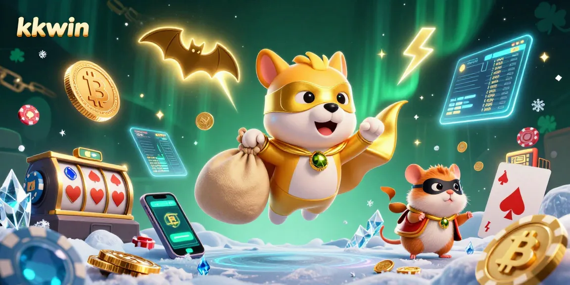 kkwin brings luck with a superhero dog and hamster flying over vibrant casino elements.